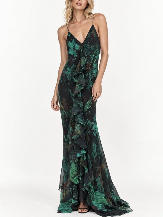 Haute Hippie Dresses & Skirts - Haute Hippie NWT 100% Silk Emerald Abstract Ruffle Maxi Dress Gown
